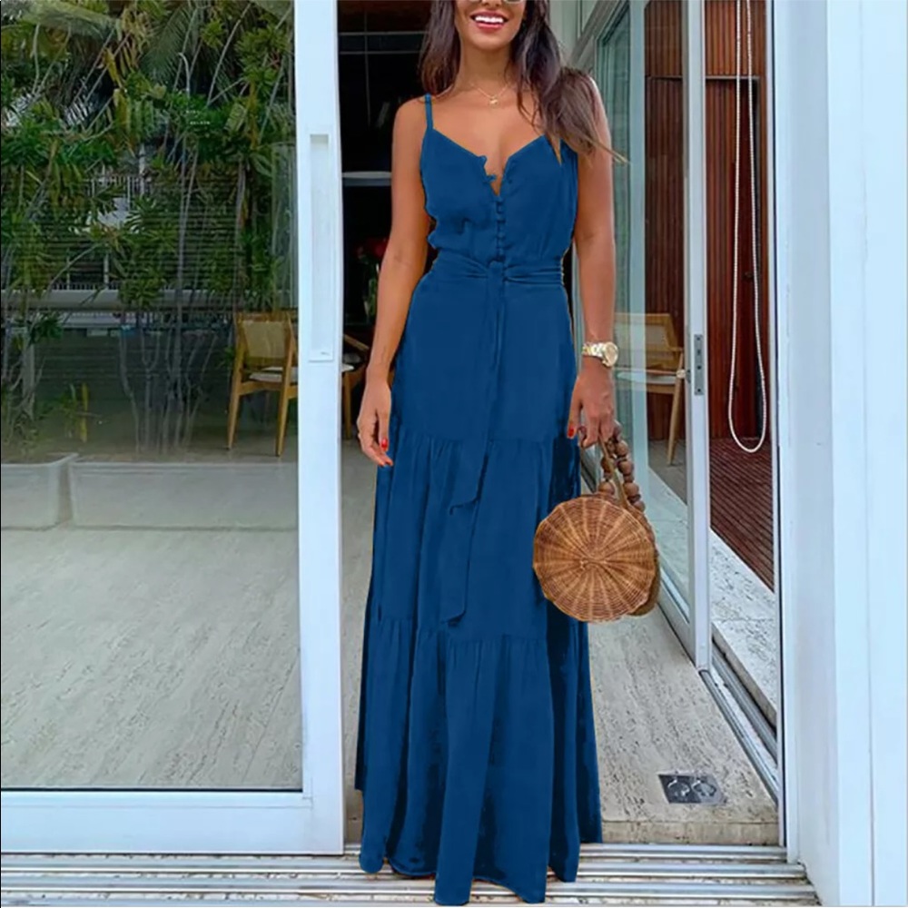 Buttoned, Spaghetti Strap, Ruffled, Maxidress - Picture 9 of 16